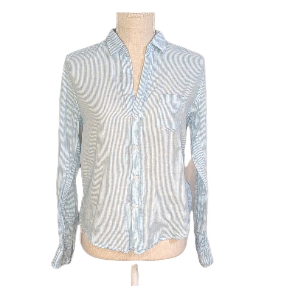 Frank & Eileen Shirt Women XS Blue Eileen 100% Italian Linen Button Front Casual